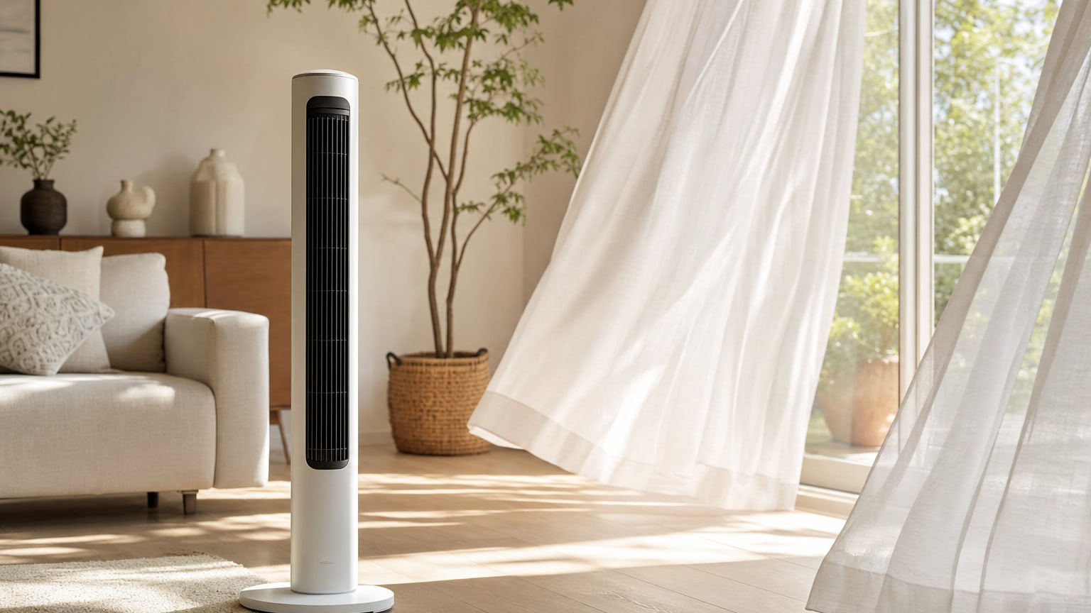 Ventilateur colonne dans un salon lumineux en été