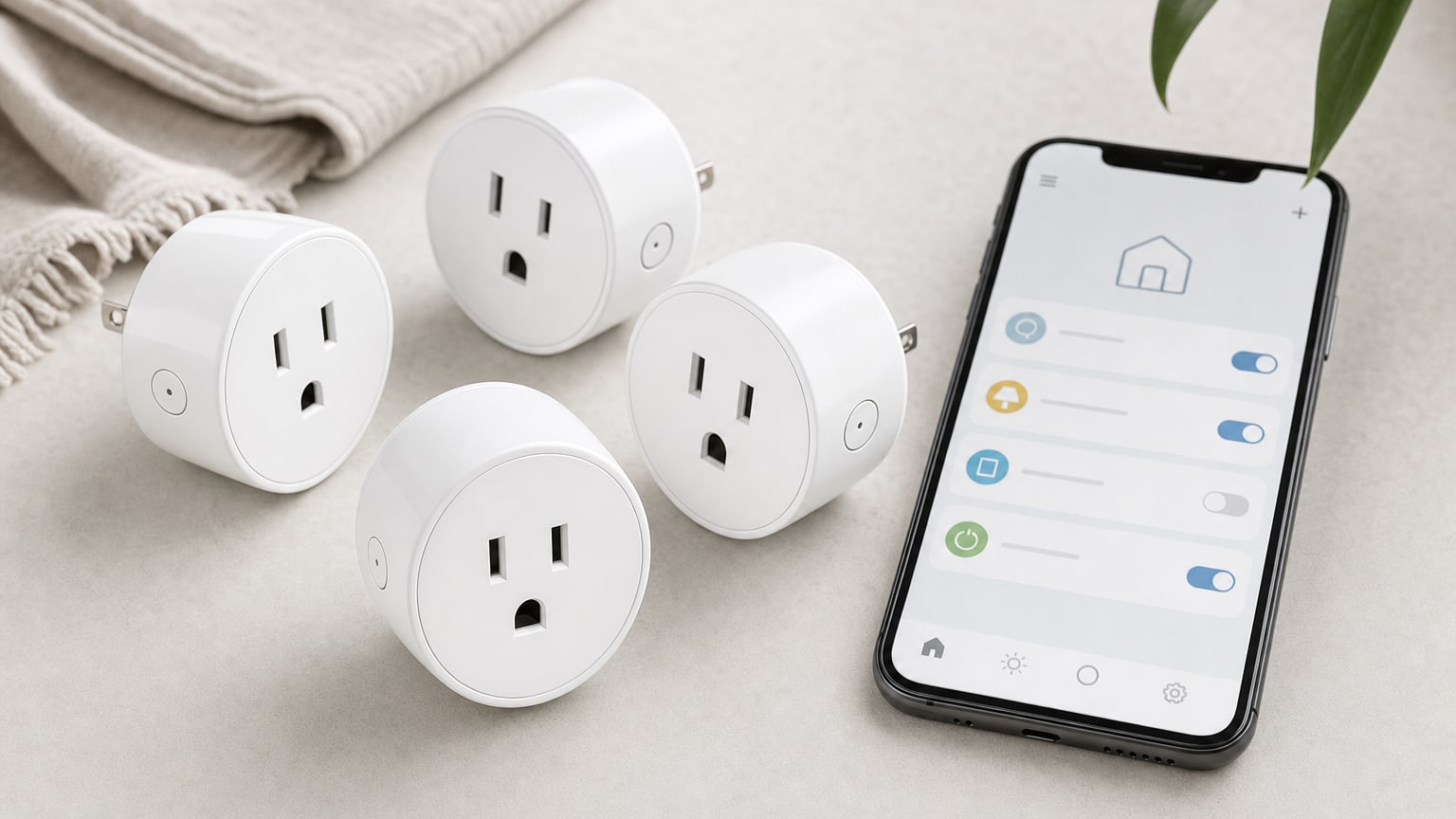 Prises connectées Wi-Fi modernes à côté d'un smartphone