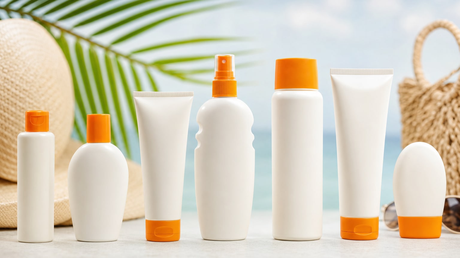 Produits de protection solaire alignés sur fond clair estival