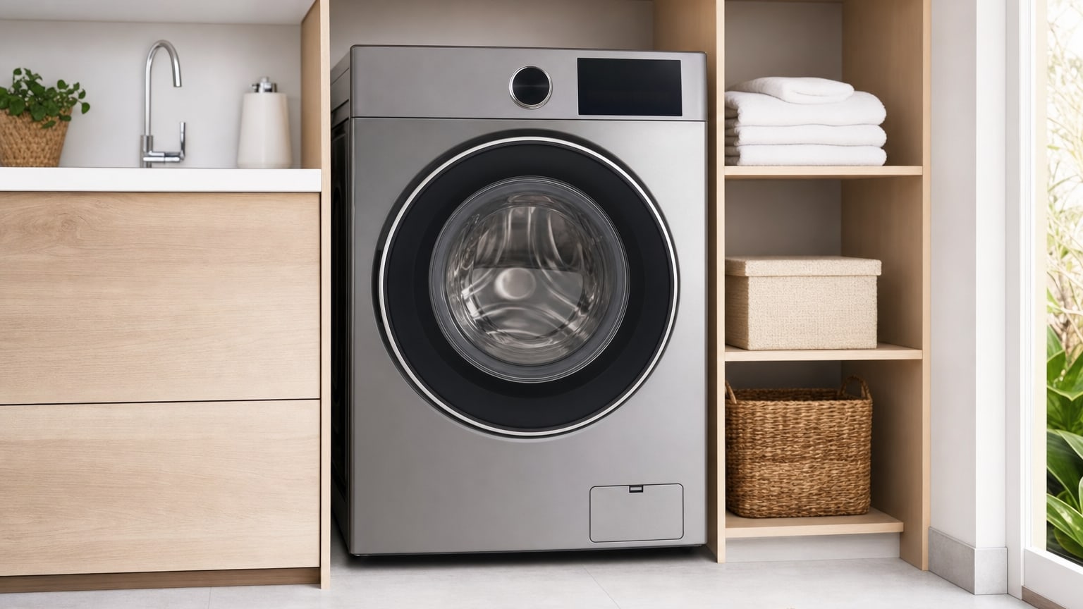 Lave-linge moderne dans une buanderie lumineuse