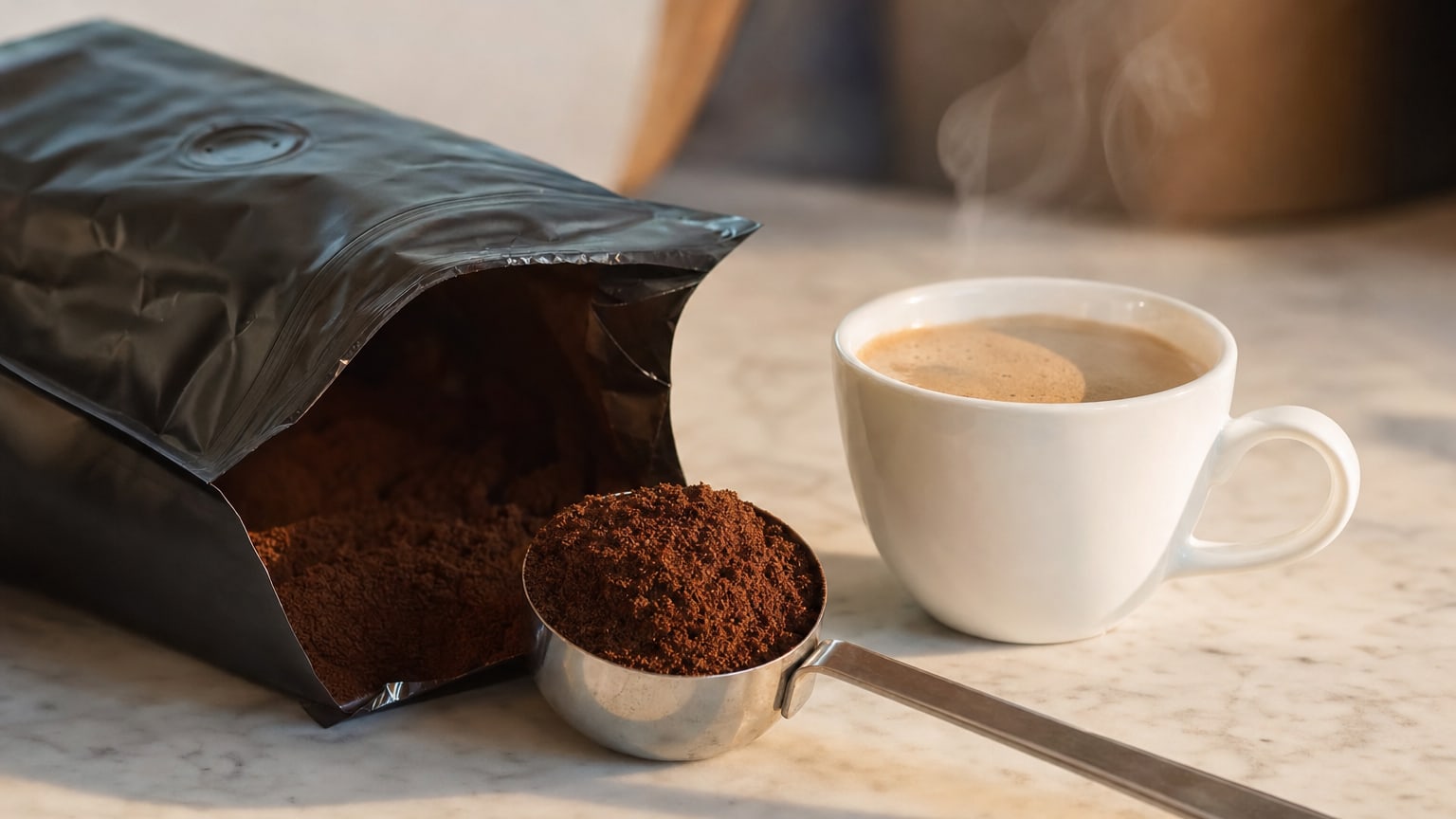 Café moulu dans une cuillère doseuse et une tasse d'espresso