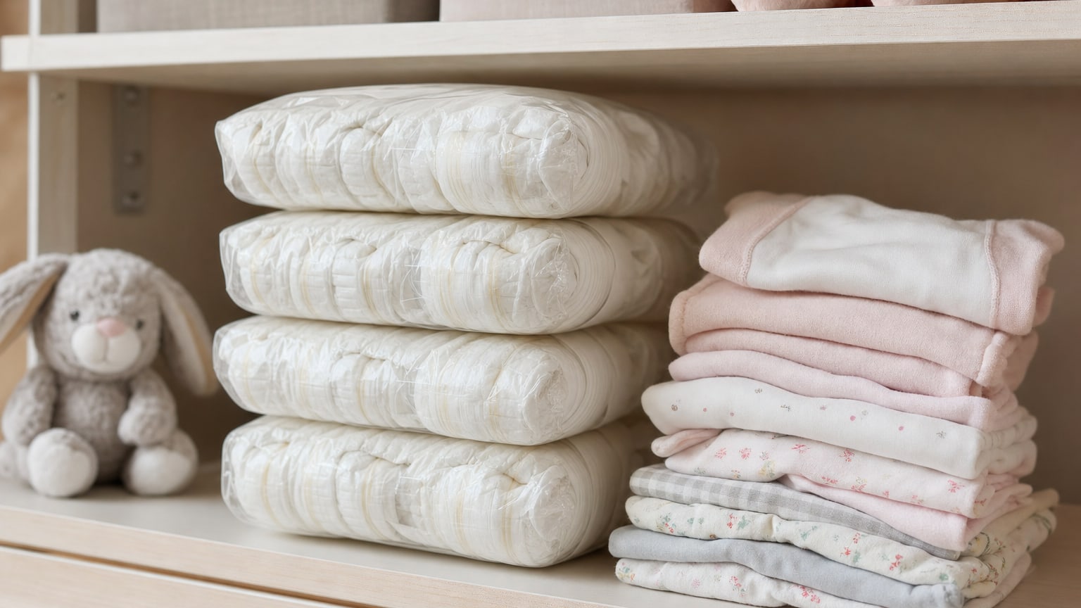 Paquets de couches bébé et vêtements pliés dans une chambre d'enfant