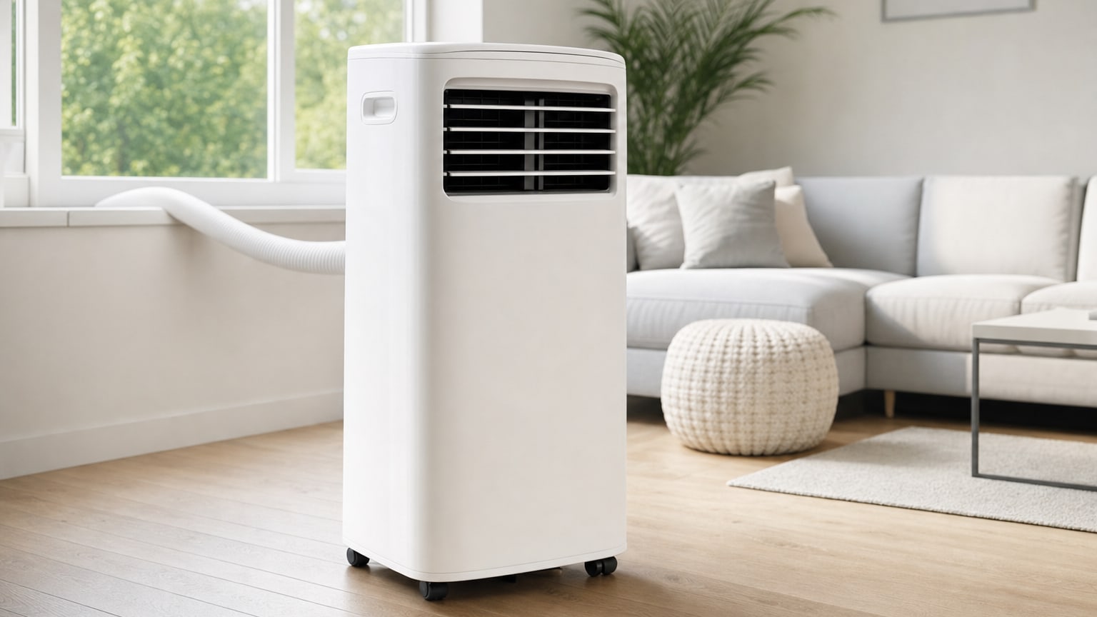 Climatiseur mobile dans un salon clair en été