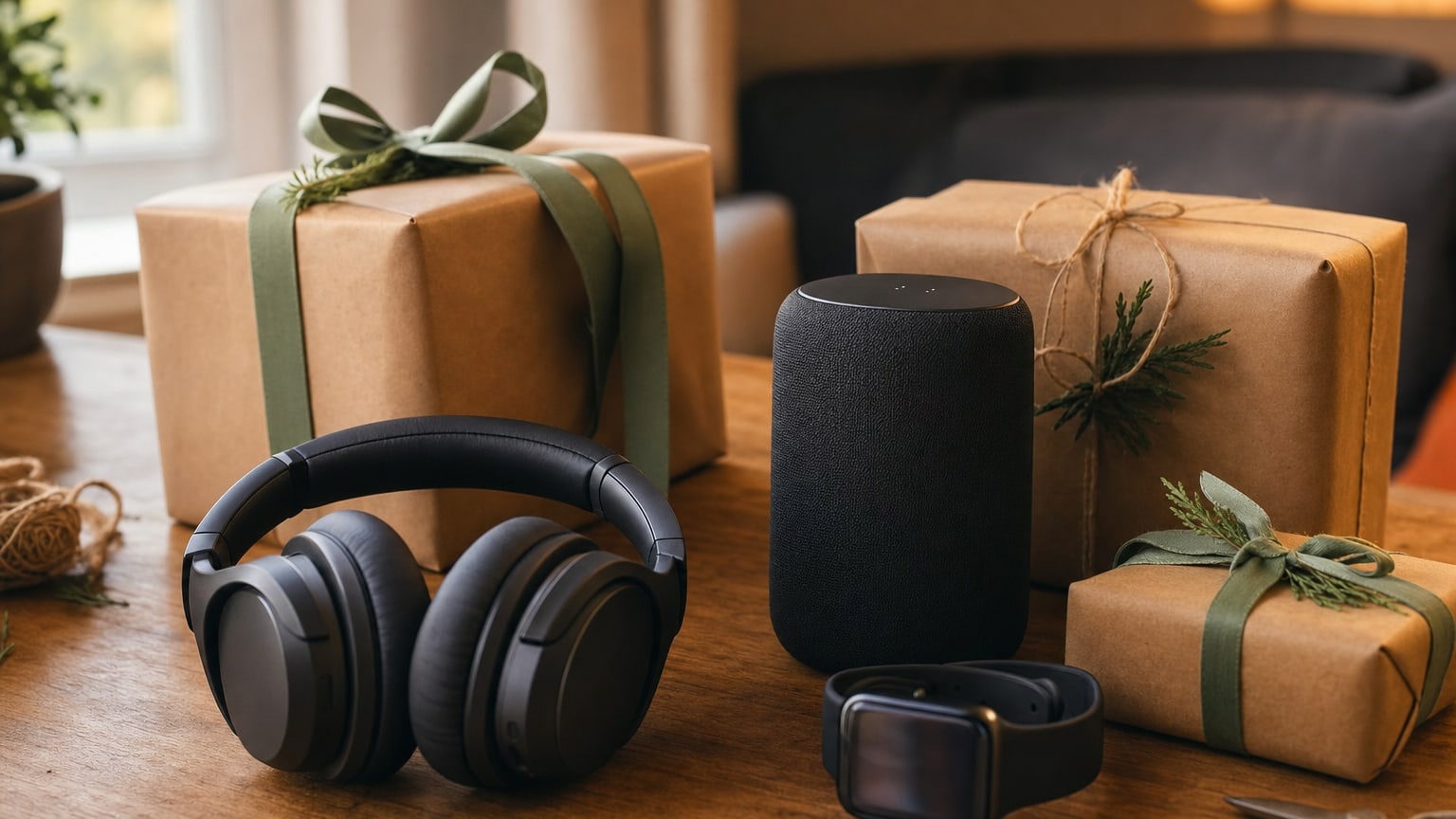 Sélection de produits high-tech emballés en cadeau sur une table