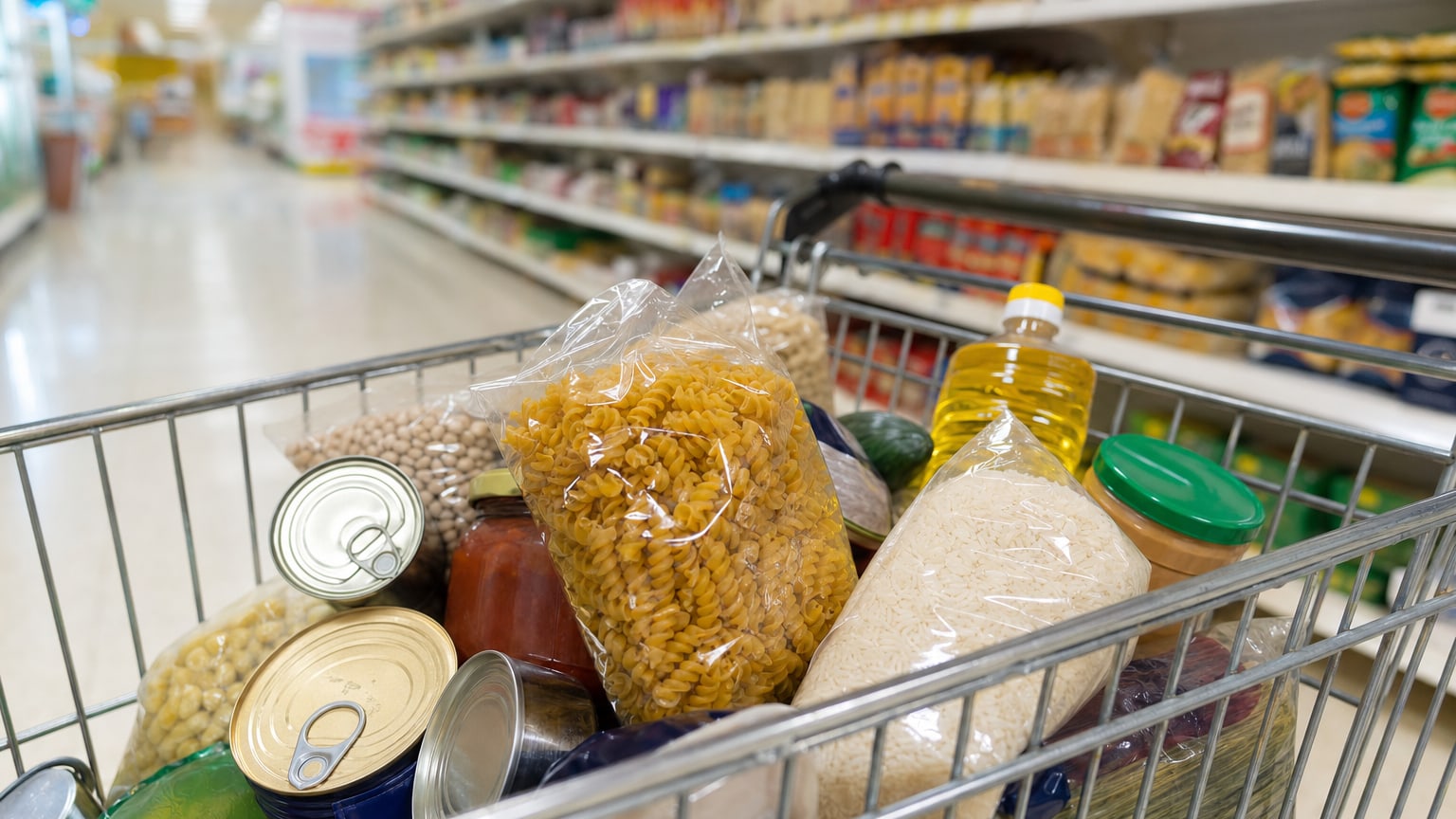Caddie rempli de produits de base dans un supermarché