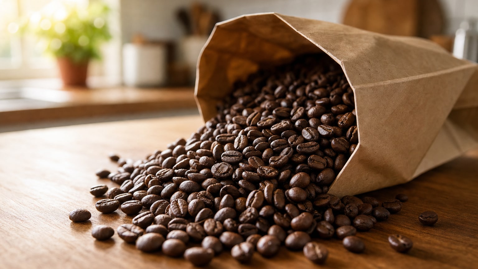 Café en grains versé sur un plan de travail en bois