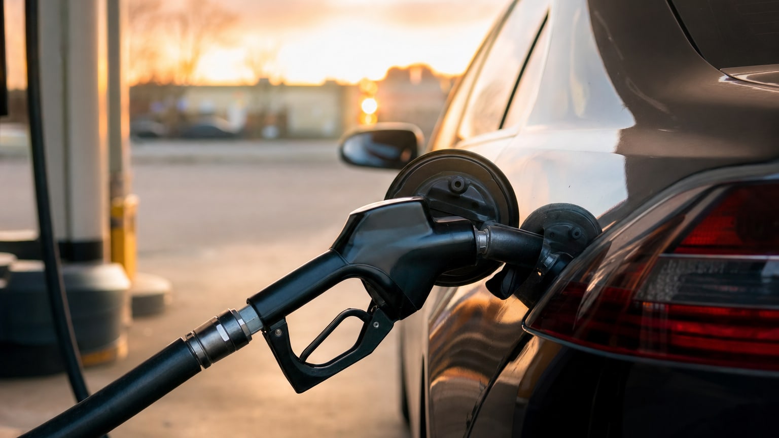 Plein de carburant à la station-service au crépuscule