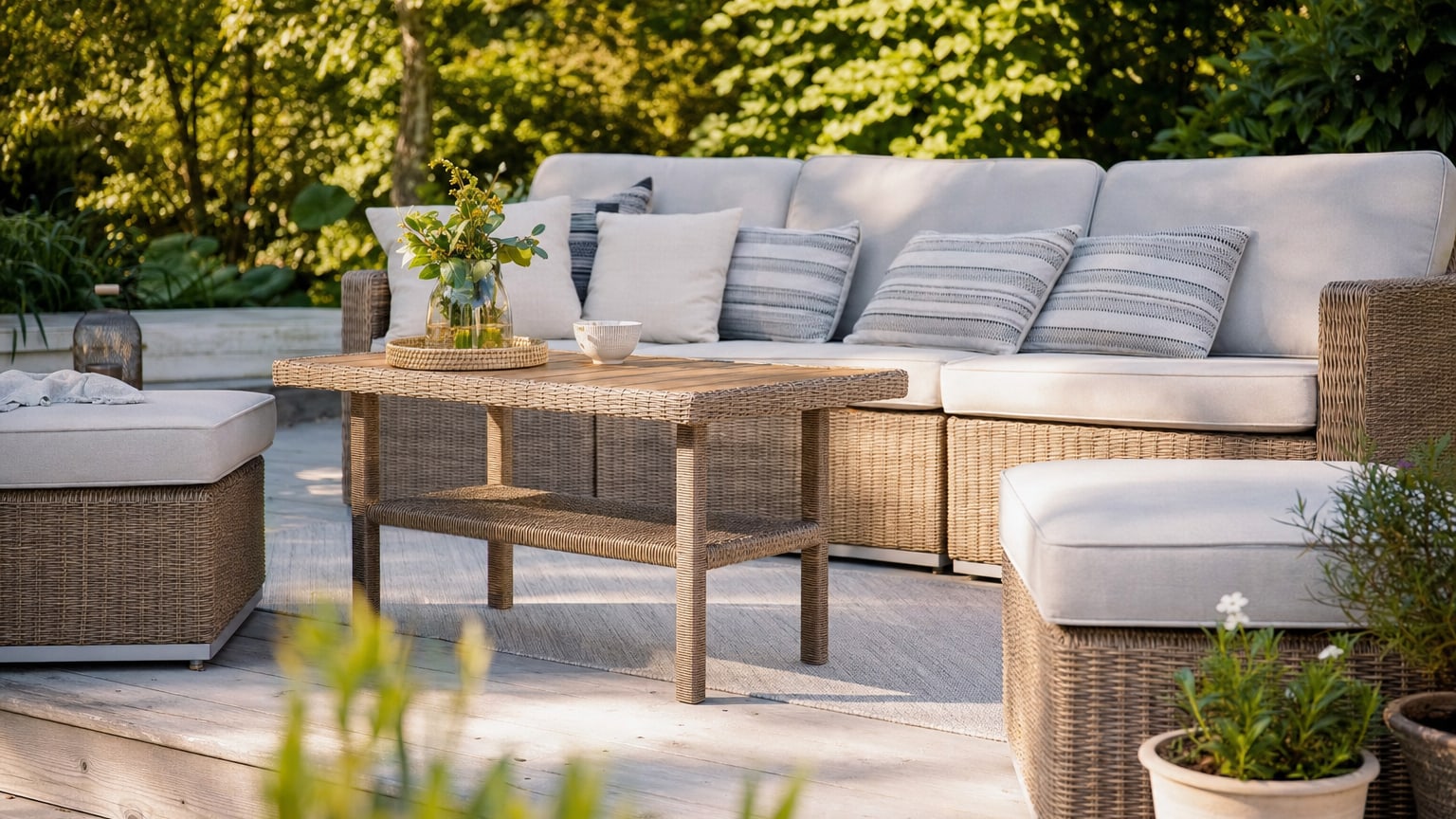 Salon de jardin en résine tressée sur une terrasse ensoleillée