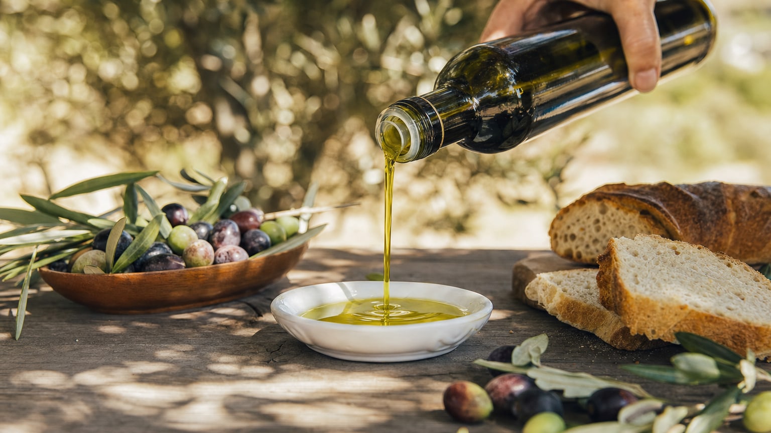 Huile d'olive vierge extra versée dans une coupelle
