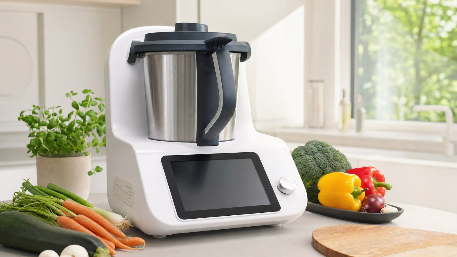 Robot de cuisine connecté sur un plan de travail