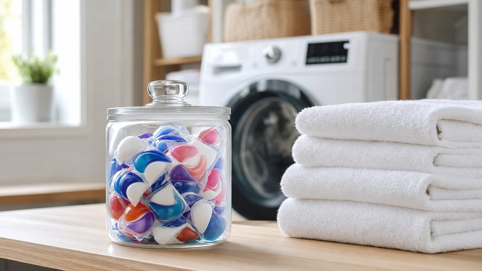Capsules de lessive et linge propre dans une buanderie lumineuse