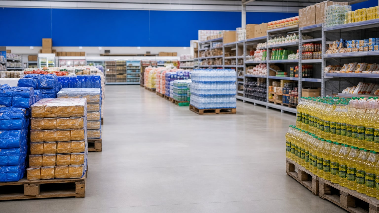 Intérieur d'un magasin discount Aldi avec palettes
