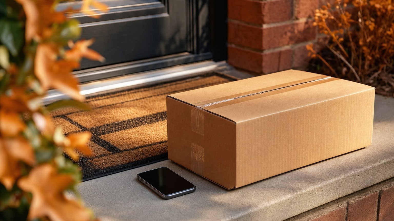 Colis en carton livré sur le pas d'une porte avec un smartphone