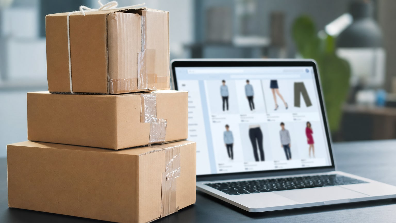 Colis de livraison et achat en ligne sur un ordinateur portable