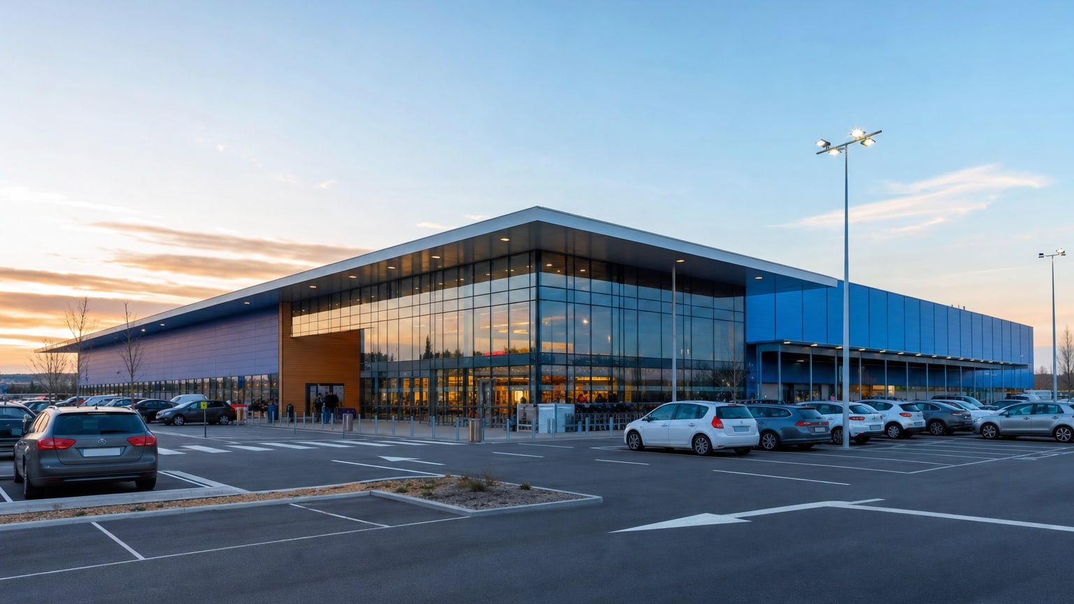 Façade d'un grand hypermarché moderne en début de soirée