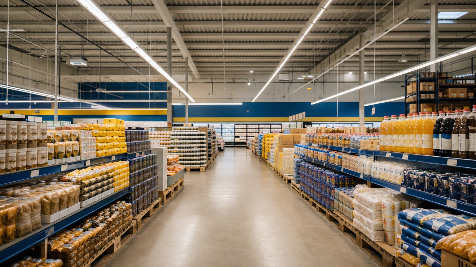 Allée intérieure lumineuse d'un supermarché discount
