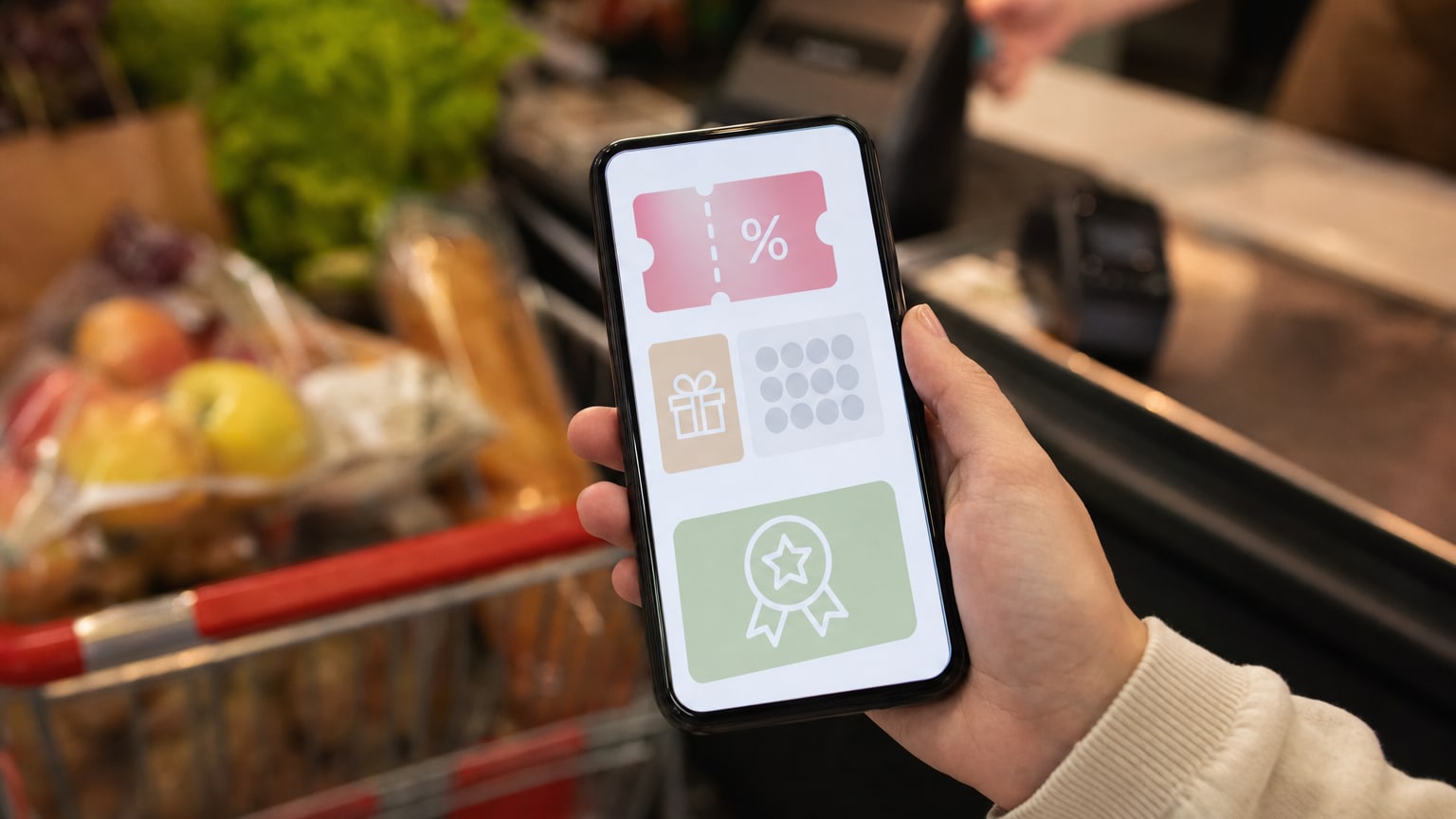 Smartphone affichant une application de coupons en caisse