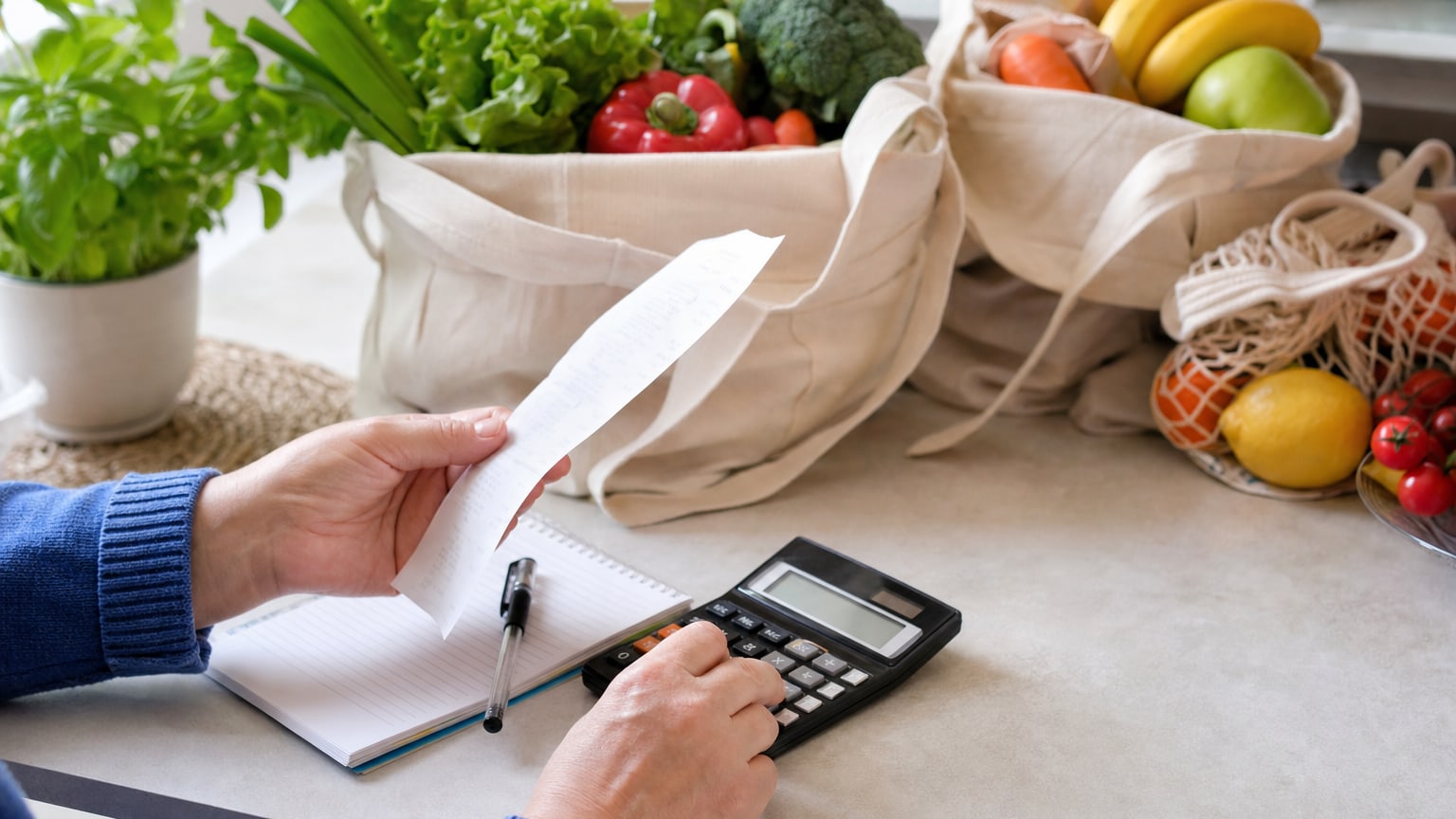 Mains tenant un ticket de caisse avec une calculatrice et des courses